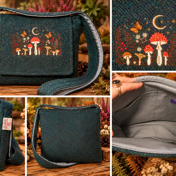 Harris Tweed Crossbody Bag with Mushrooms 