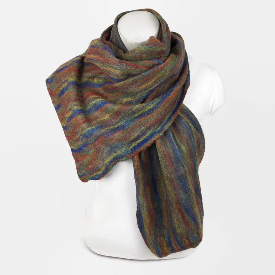 Rainbow  merino wool scarf nuno felted on green cotton gauze