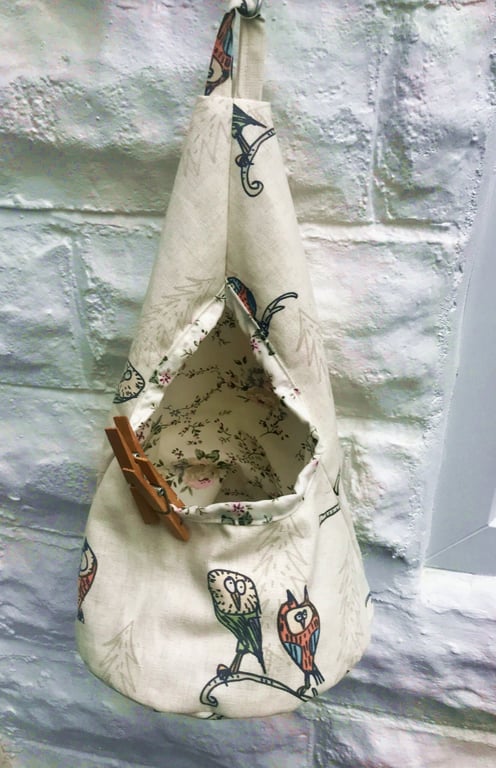 Owl Peg Bag, Lined Peg Bag with carabiner clasp