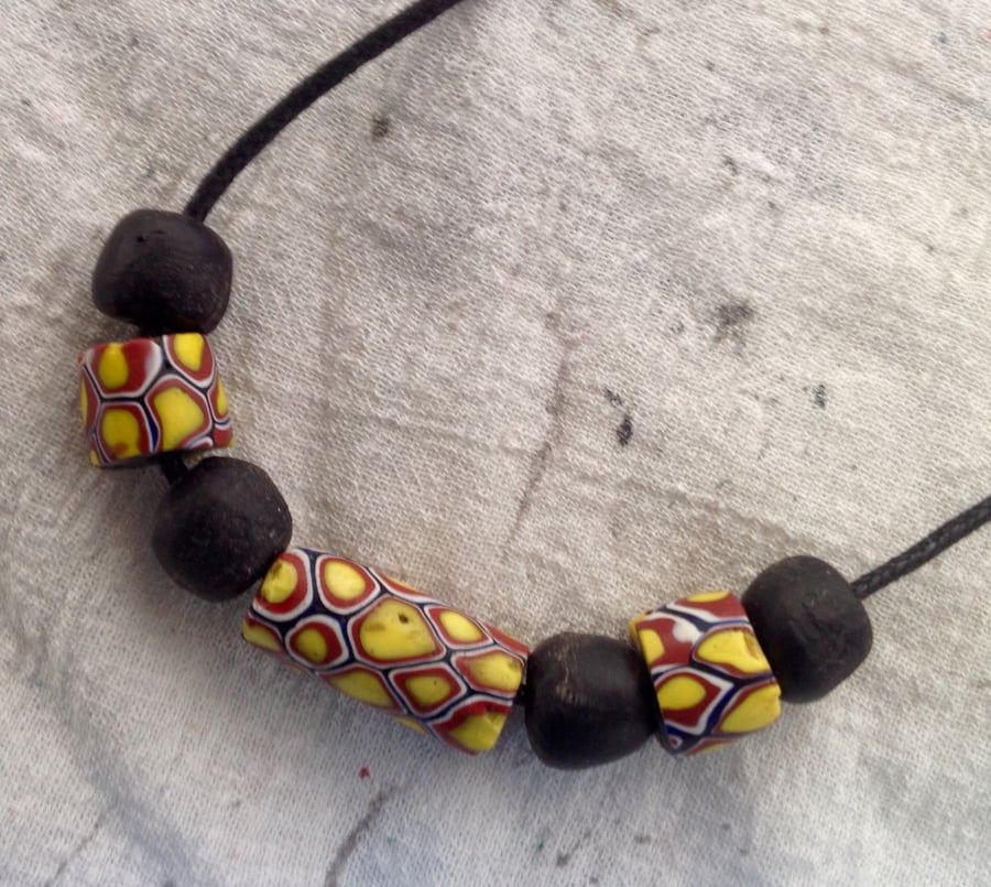 Cord necklace with antique Venetian trade beads  for men or women