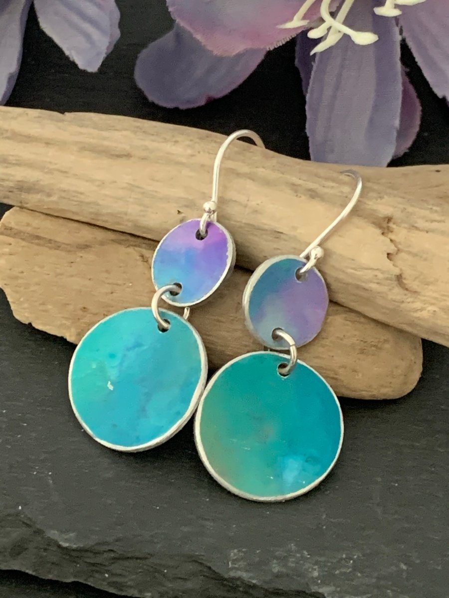 Printed Aluminium and sterling silver earrings - turquoise and purple