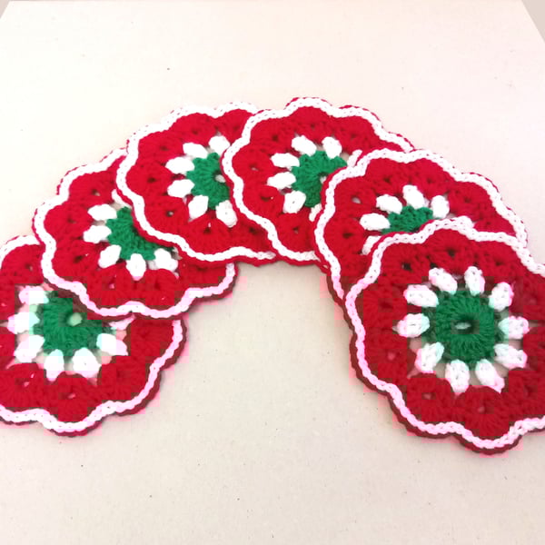 Christmas flower coasters in red, set of six, crochet table coasters, handmade