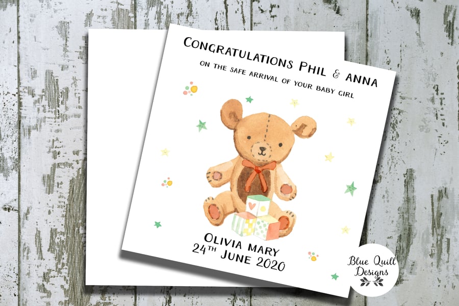 Personalised New Baby Card - Girl or Boy - Watercolour Print - Bear