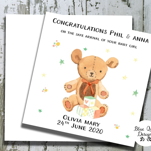 Personalised New Baby Card - Girl or Boy - Watercolour Print - Bear