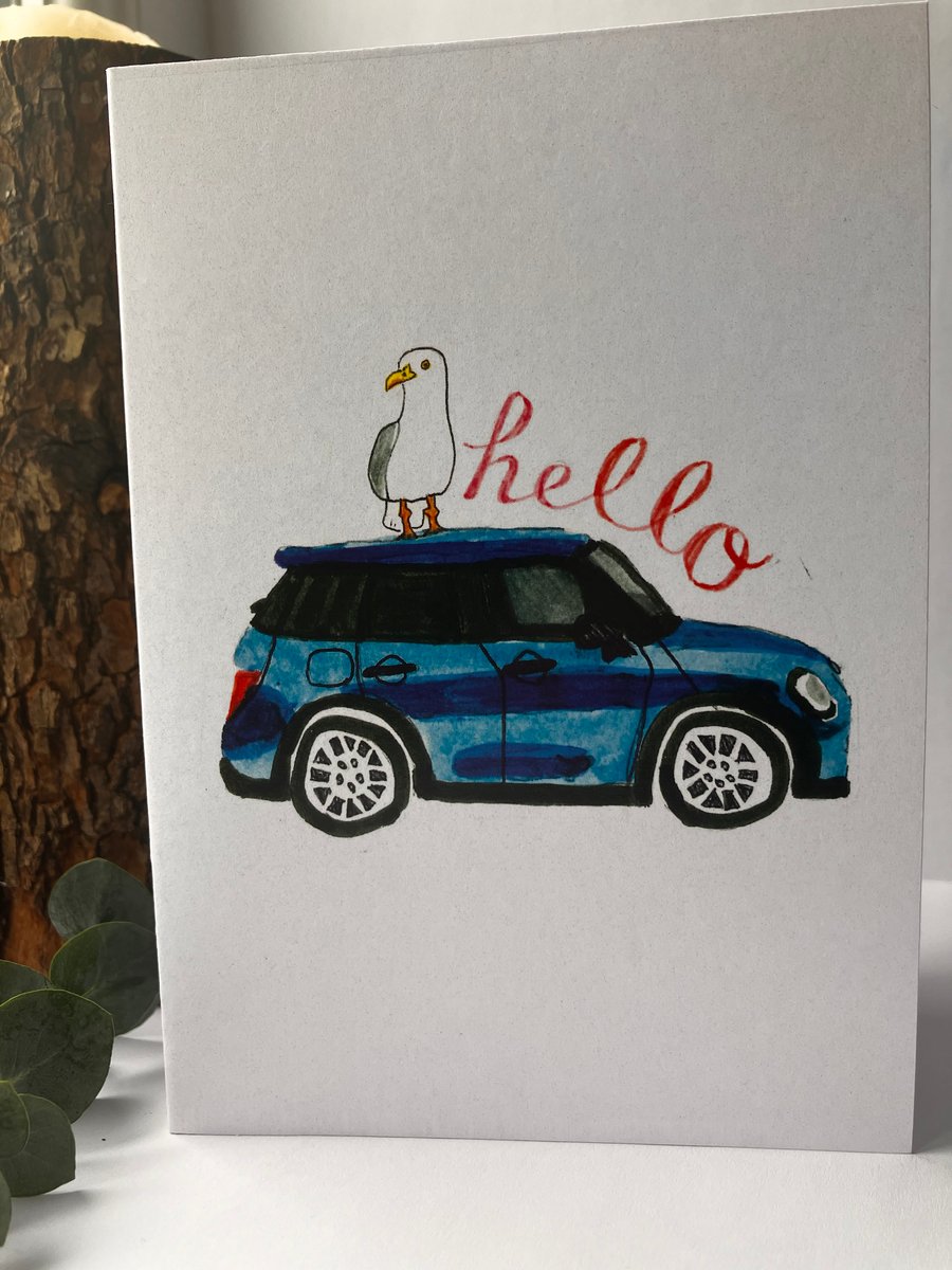 'Seagull on a car' Greeting Card