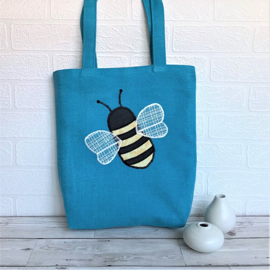 Bumble Bee tote bag in turquoise with applique Bumble bee