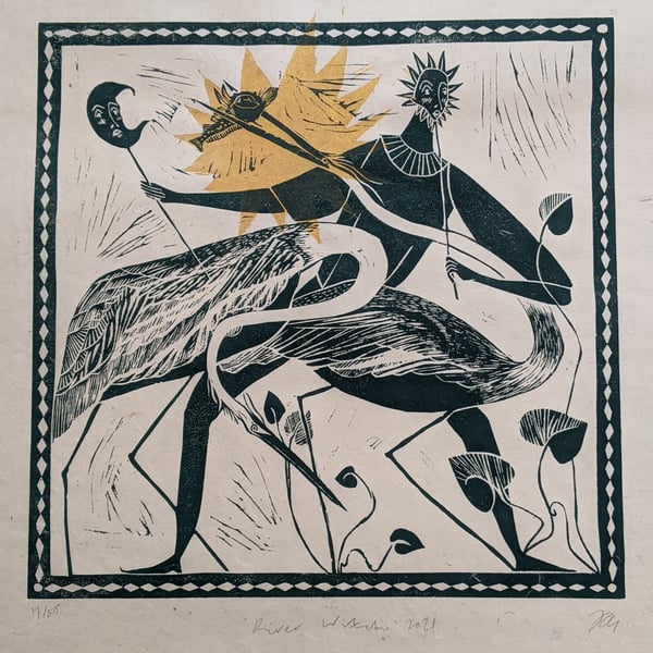 River witch lino cut handmade print