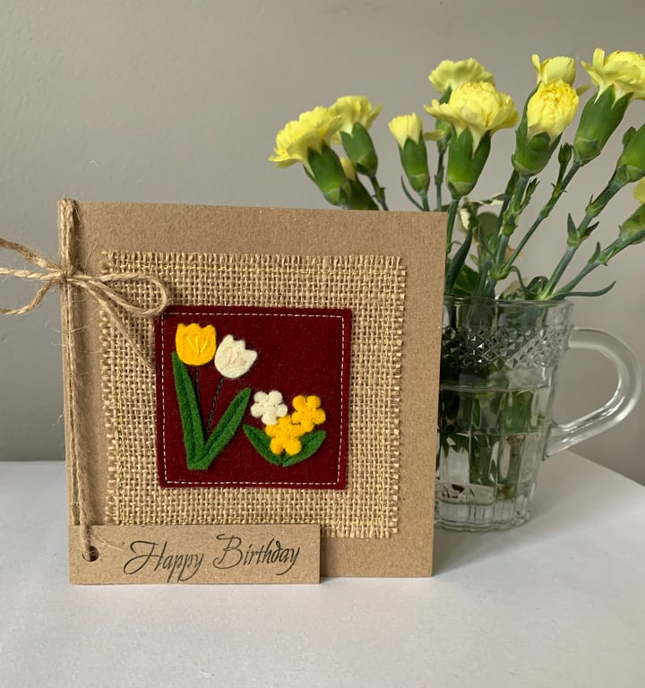 Birthday card. Yellow and cream flowers. Wool felt. Handmade Card.