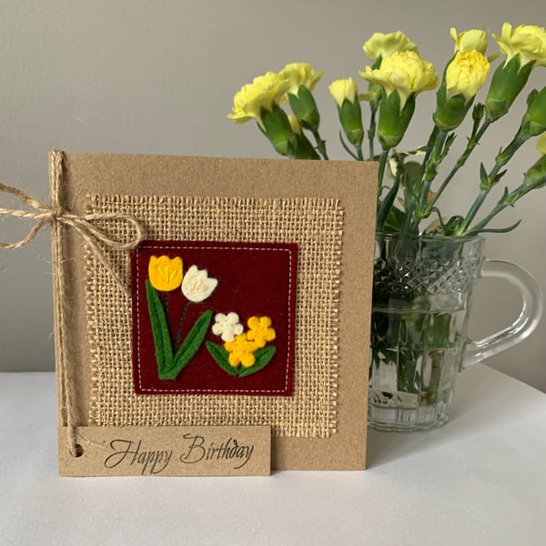 Birthday card. Yellow and cream flowers. Wool felt. Handmade Card.