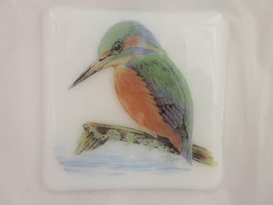  Handmade fused glass coaster - Kingfisher (a)