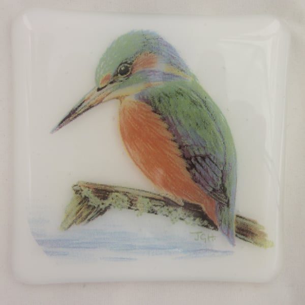 Handmade fused glass coaster - Kingfisher (a)