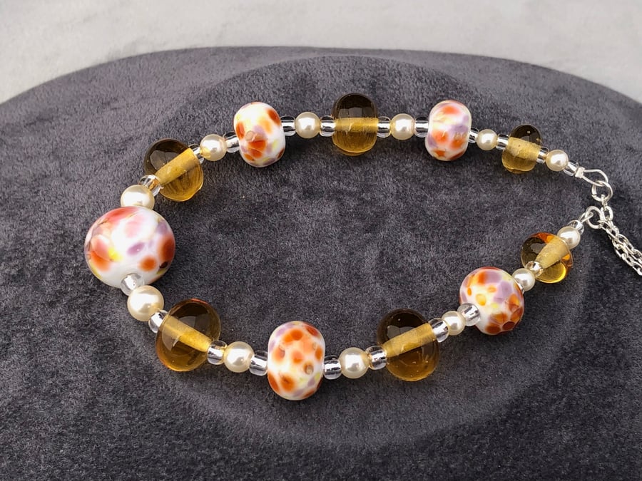 Autumn browns purples colours lampwork glass beaded necklace 