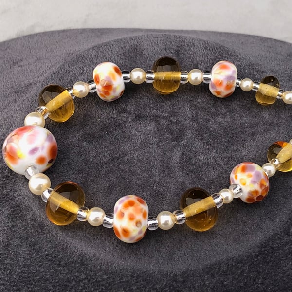 Autumn browns purples colours lampwork glass beaded necklace 