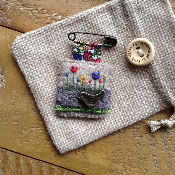 Felt, lace and Liberty fabric charm brooch badge