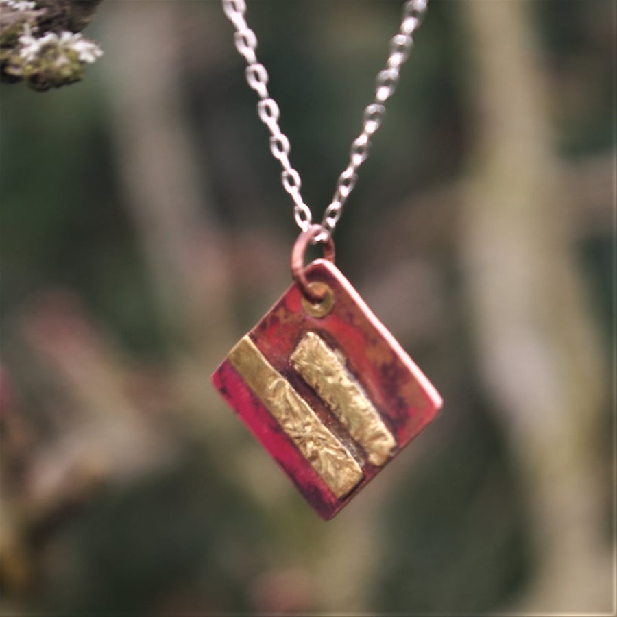 Square Copper and Reticulated Brass  Necklace