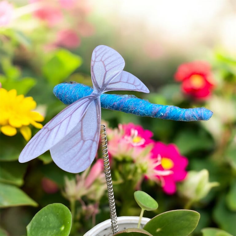 Blue Needle felted dragonfly plant stake, house plant decoration, ornament