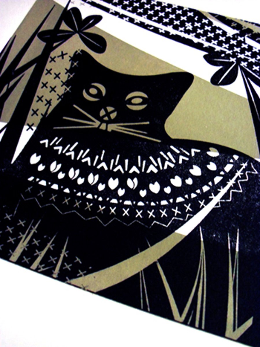 CAT - 2 colour screen print - sage green and black