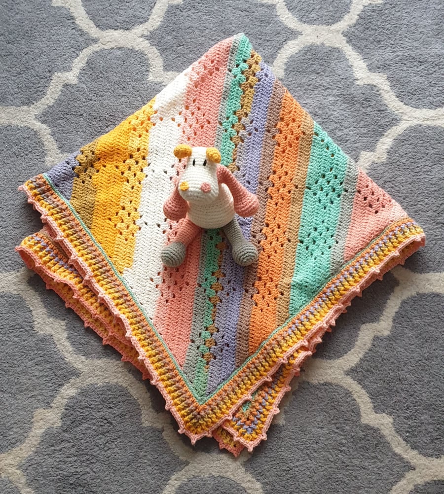 Modern Granny Square Diamond Crochet Baby Blanket  and Hippo