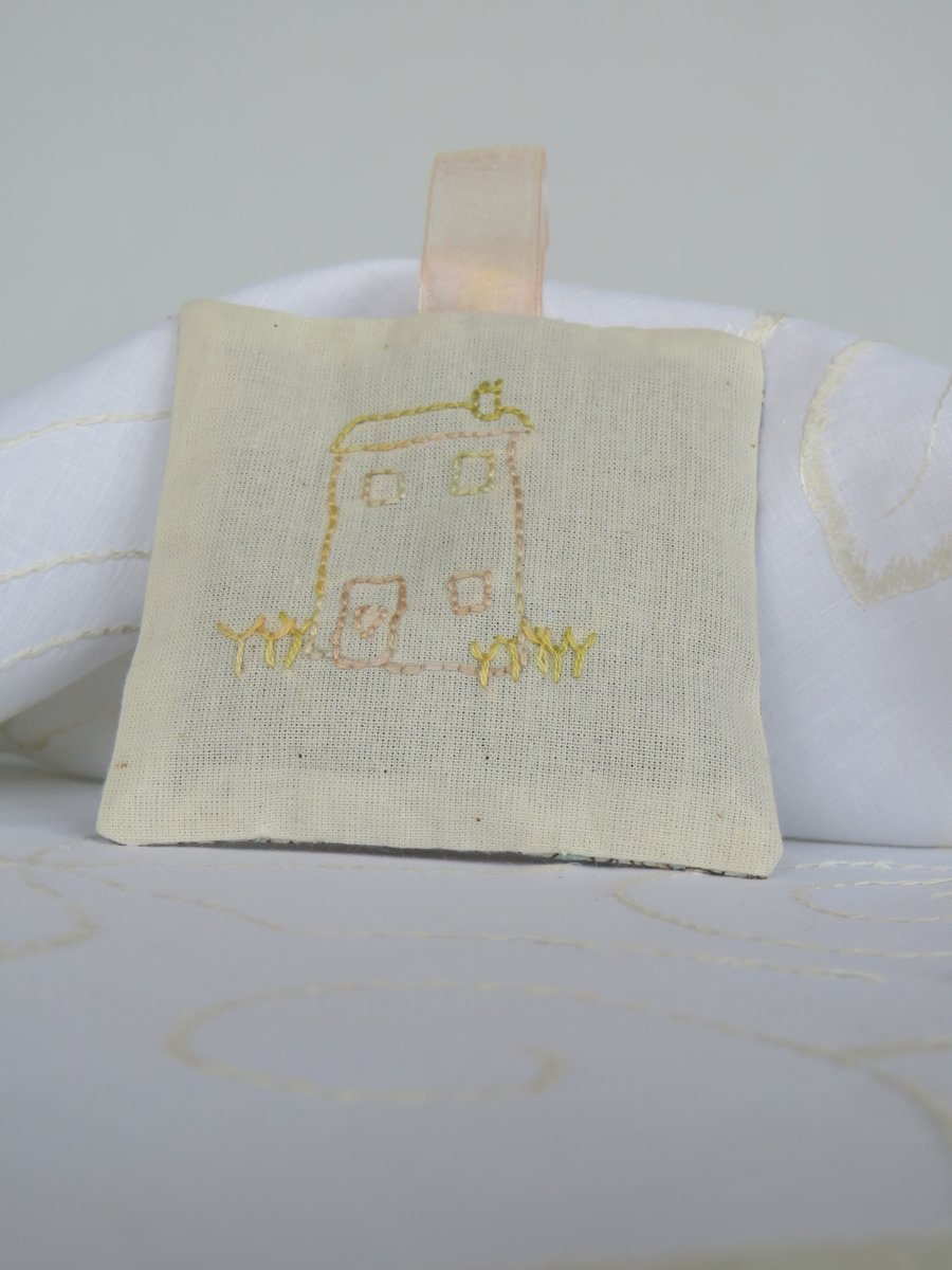 Hand embroidered 'House' lavender bag
