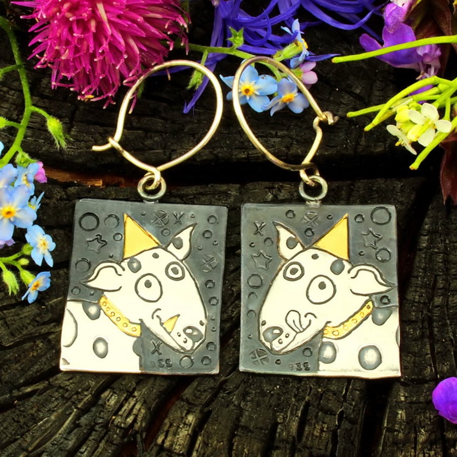 Dog earrings, silver earrings, dogs, square drop earrings, puppy earrings