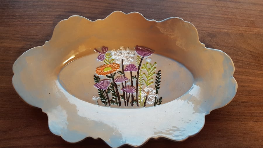 Fun Flower Print Ceramic Blue Serving Platter