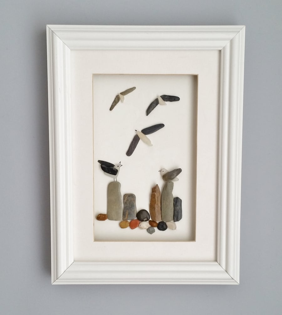 Sea Glass Seagulls on Posts, Coastal Decor, beach Art, Cornish Pebble Art, 