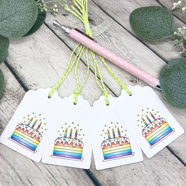 Rainbow Birthday Cake Gift Tags - set of 4 tags - Birthday gift tags