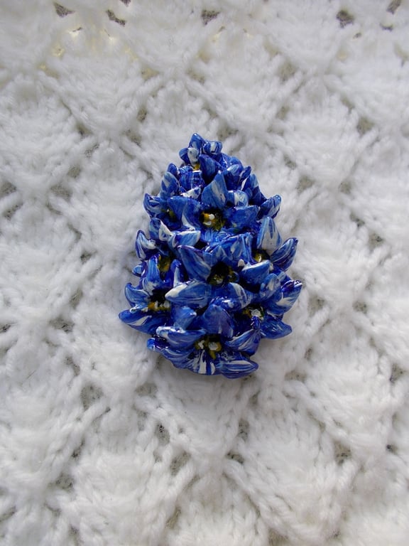 Handmade Large BLUEBELL BROOCH : Blue DELPHINIUM Clay Flower Pin Hand Painted