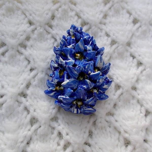 Handmade Large BLUEBELL BROOCH : Blue DELPHINIUM Clay Flower Pin Hand Painted