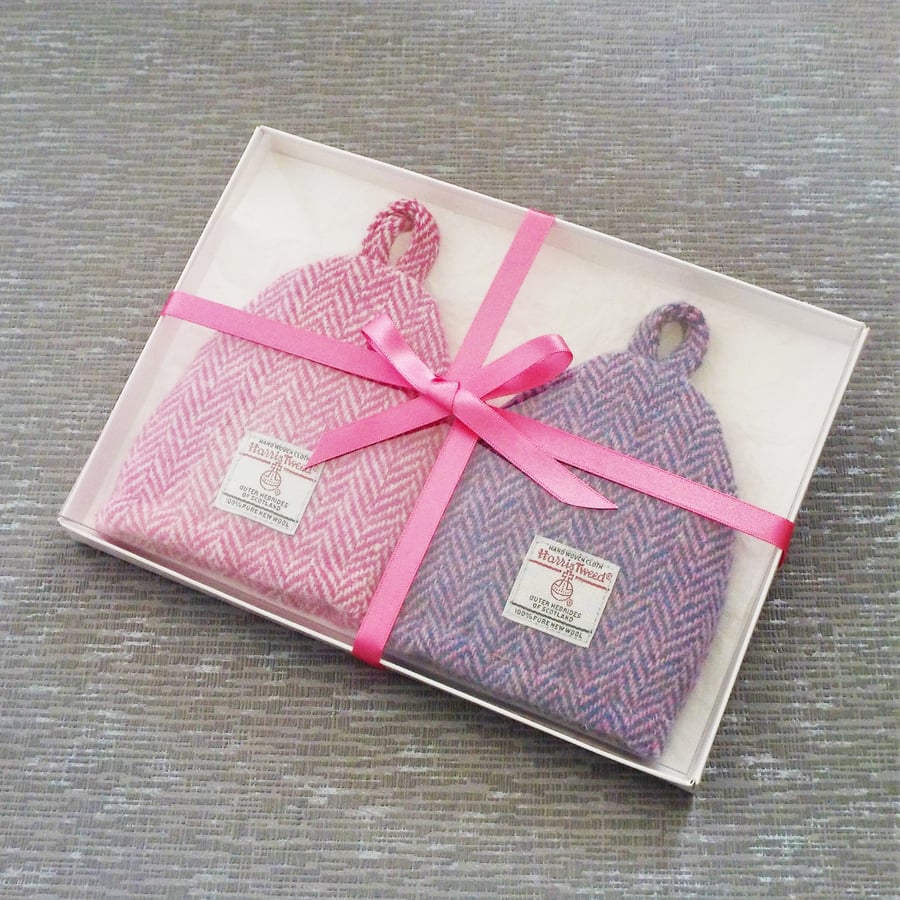 Harris tweed pink lilac egg cosy gift set wedding anniversary gift for couple