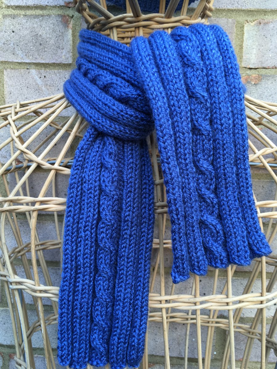 Slate blue hand knitted cable scarf and hat unisex