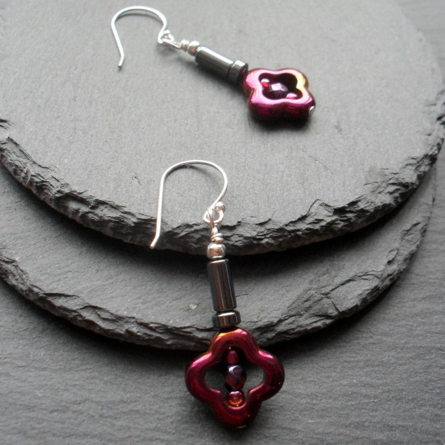 Burgundy Coated Haematite Haematite Drop Earrings 