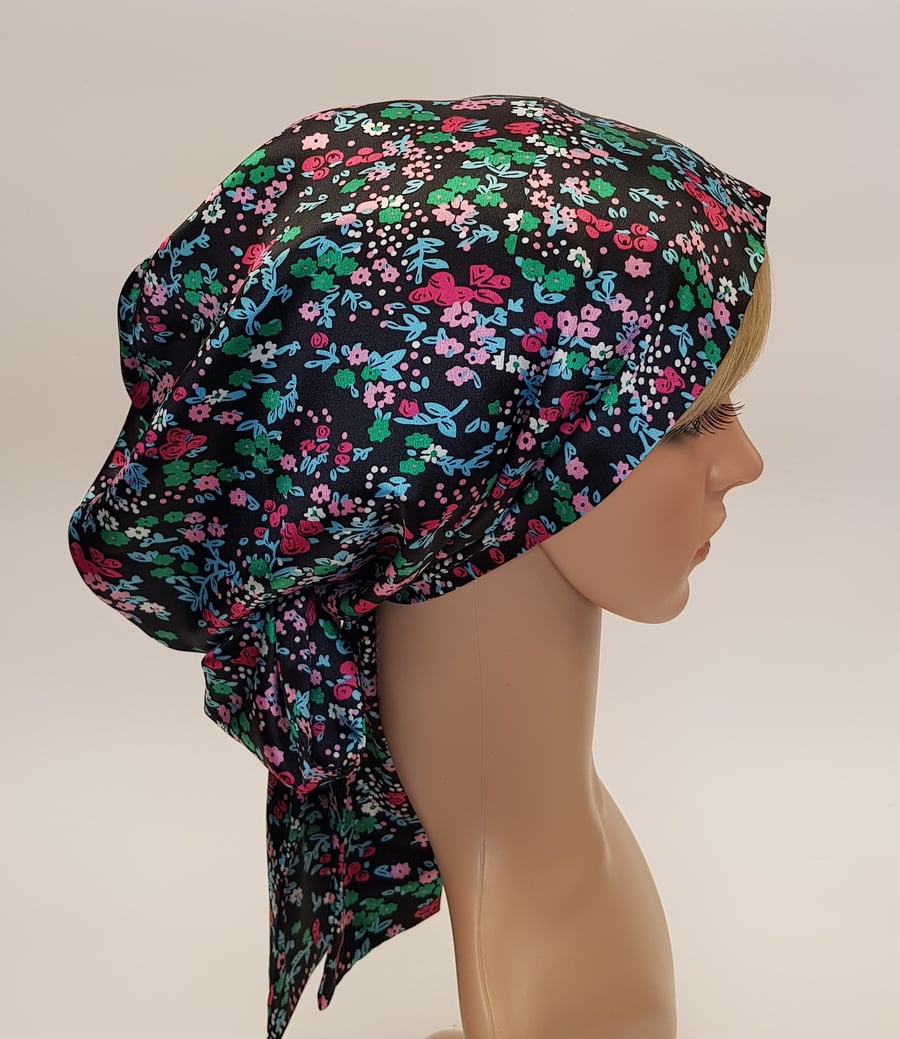 Full head covering, satin lined head scarf, bonnet with long ties, tichel