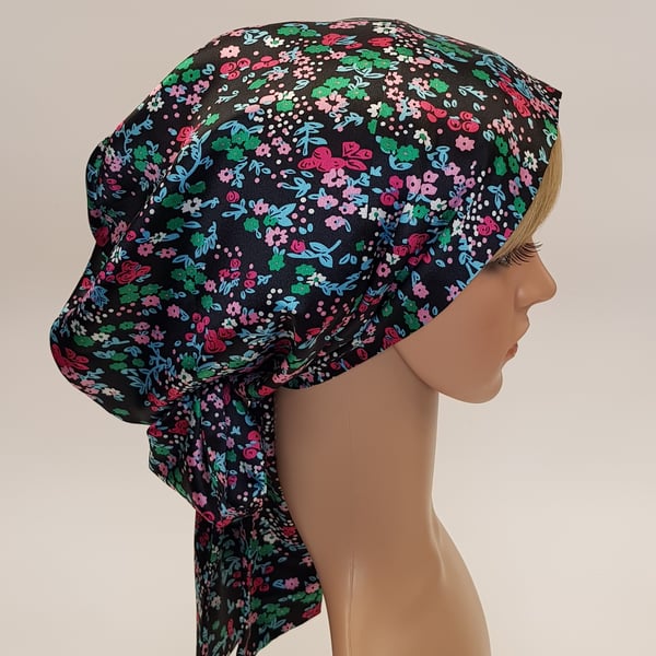 Full head covering, satin lined head scarf, bonnet with long ties, tichel