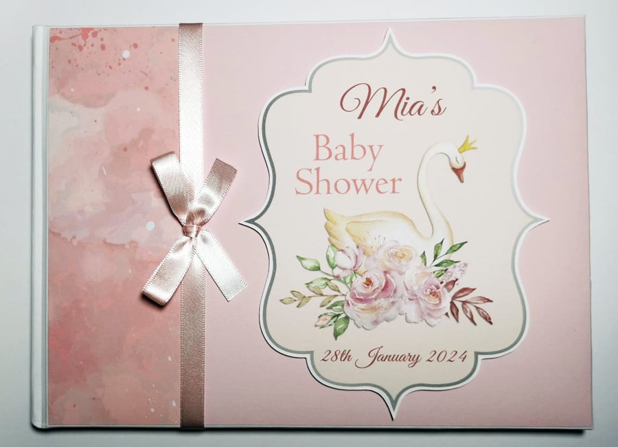 Swan princess baby shower guest book, pink and silver baby shower party book