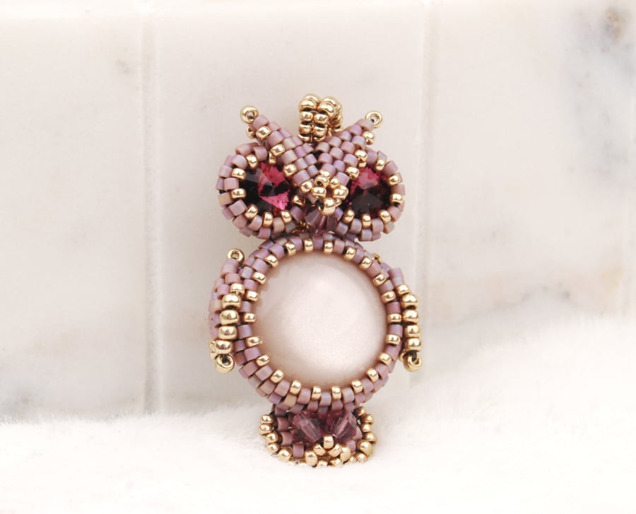 Beaded owl pendant in purple and gold, Bird lovers gift, Handmade jewellery