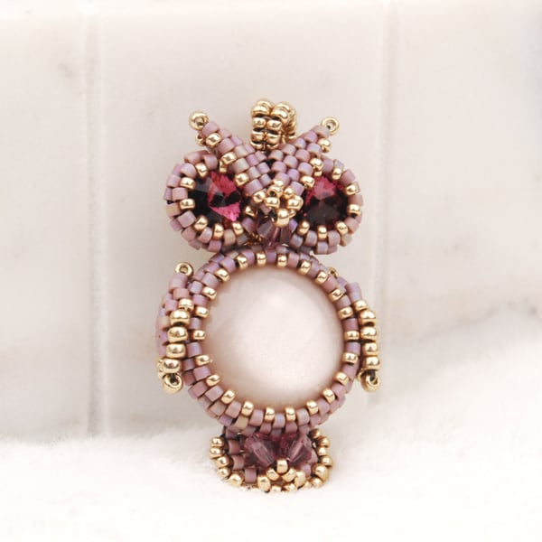 Beaded owl pendant in purple and gold, Bird lovers gift, Handmade jewellery