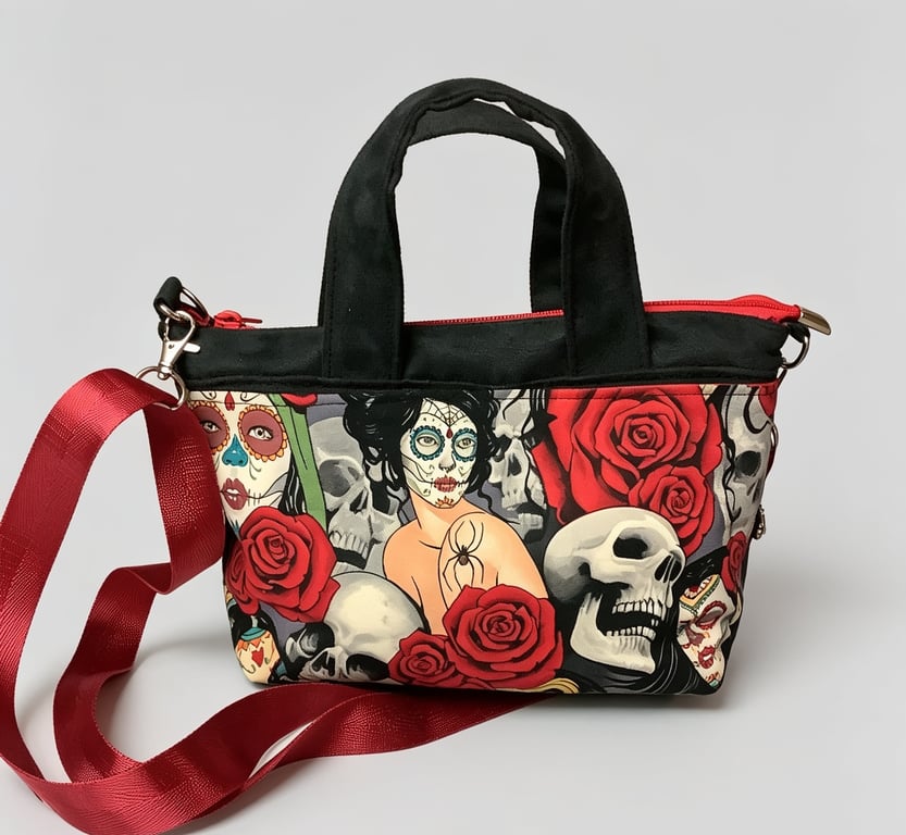 Striking Day of the Dead fabric tote bag with grab handles and crossbody strap