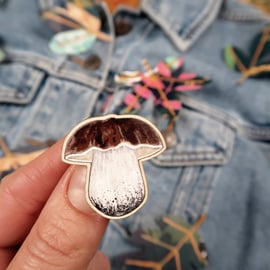 Porcini wooden pin badge, penny bun brooch, wild mushroom.