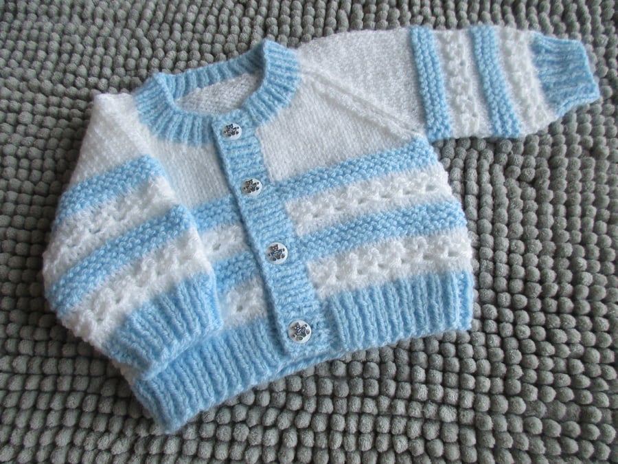 14" White & Blue Newborn Cardigan