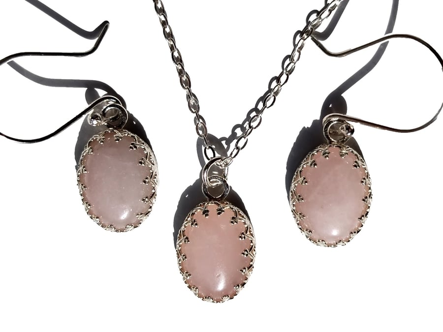 Sterling Silver Rose Quartz Crystal Gemstone Necklace & Earrings Gift Set