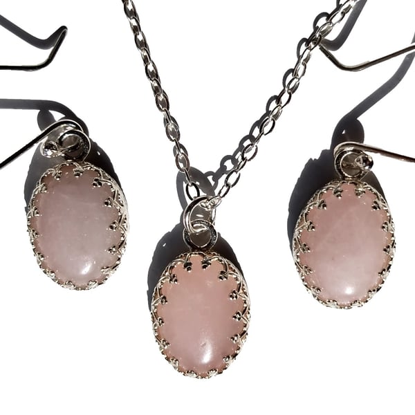 Sterling Silver Rose Quartz Crystal Gemstone Necklace & Earrings Gift Set