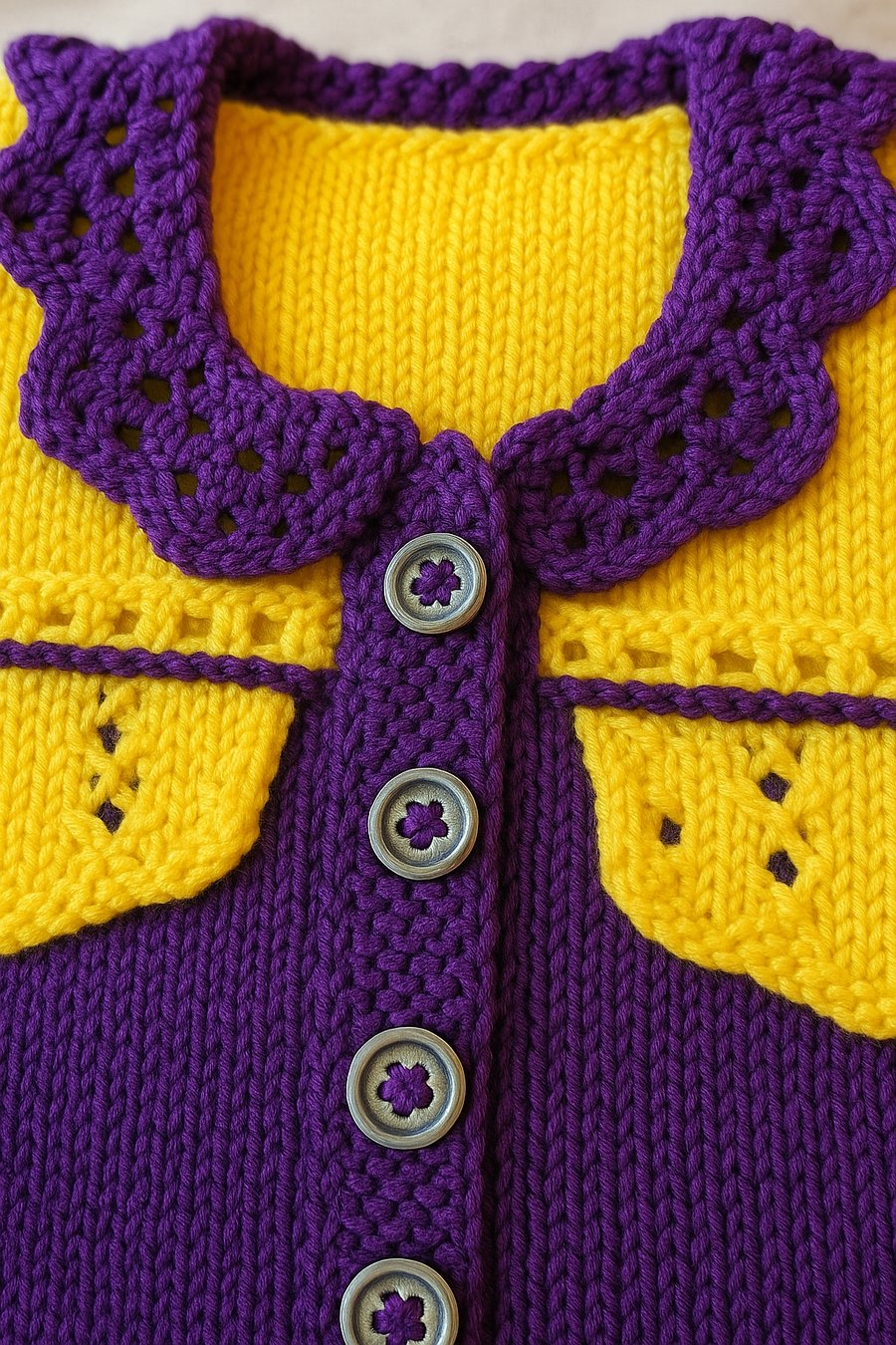 6 to 12 mths girls cardigan in purple and yellow 