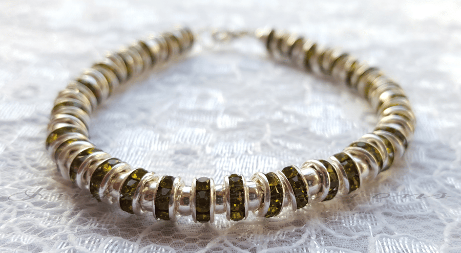 Bracelet Olive Green Silver Plated Crystal Rhinestone Bead Bracelet