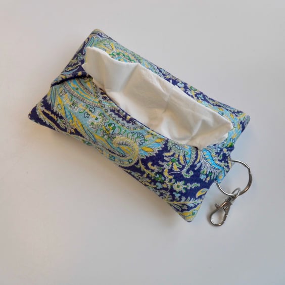 Key ring tissue holder for tissues or hankie in Liberty fabric