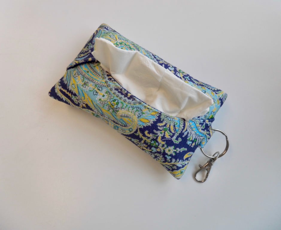 Key ring tissue holder for tissues or hankie in Liberty fabric
