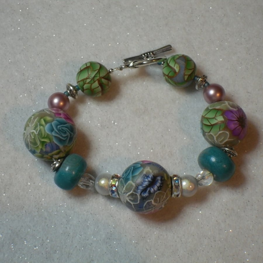 Butterfly Flowers & Turquoise Bead Bracelet