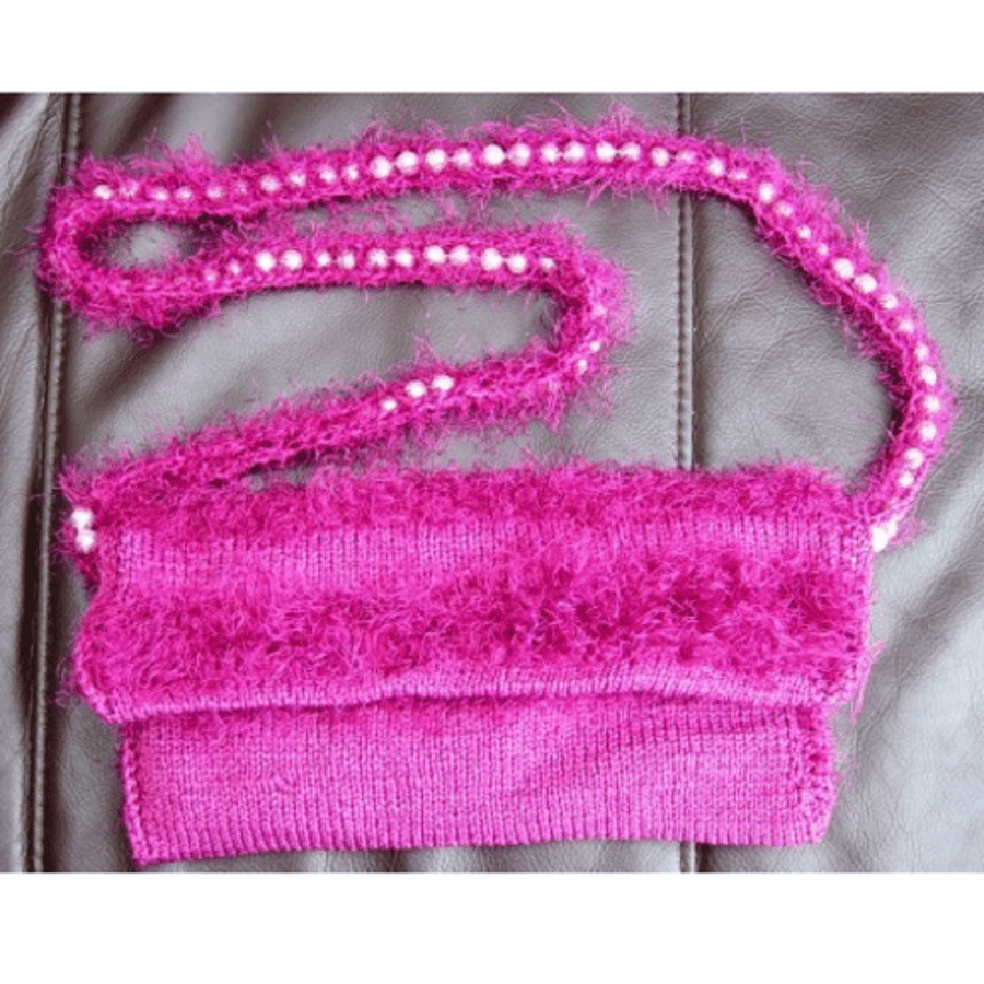 Fluff & Pearl! Hand Knitted & Crocheted Handbag, Pearl Shoulder strap.