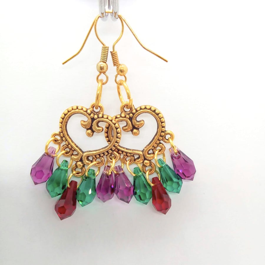 Purple Green and Red Teardrop Crystal Chandelier Earrings, Dreamcatcher Earrings