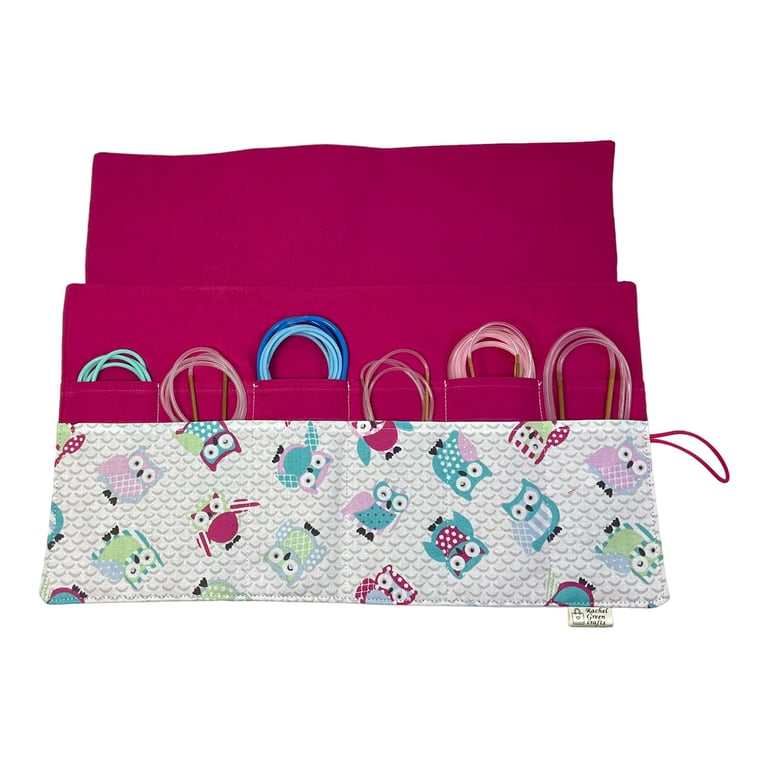 Circular needle case with owls, fixed circular pouch, sock needle knitting roll,